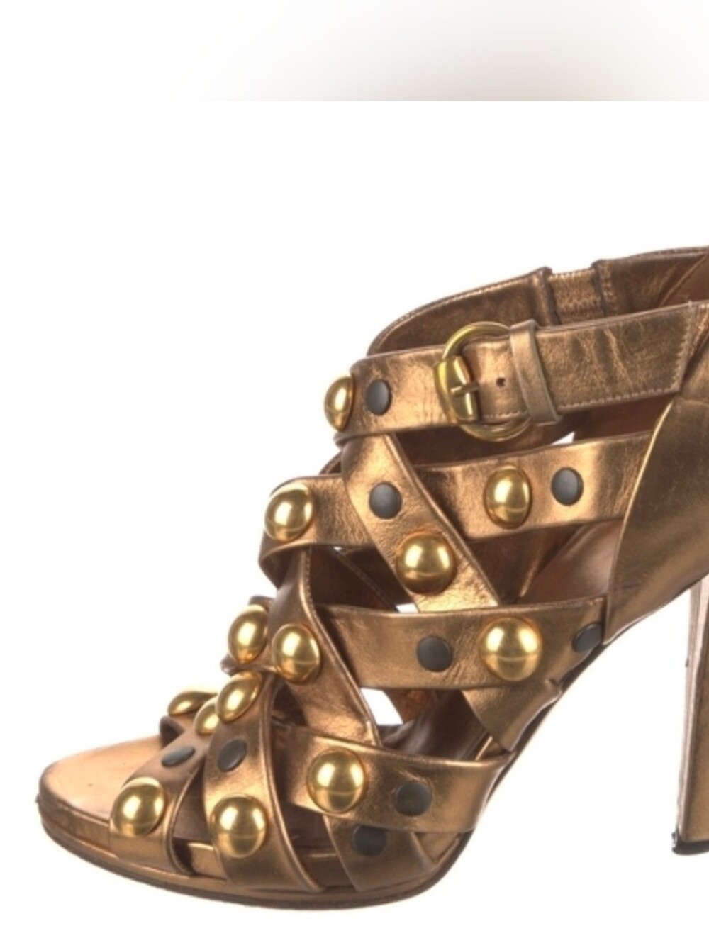 GUCCI Womens Metallic Bronze Studded High Heel 36.5 Sandal Gold Babouska Strappy